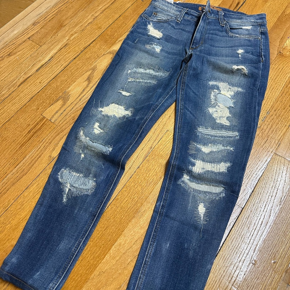 Joe’s jeans, mid flare foe, patchwork, straight leg denim.